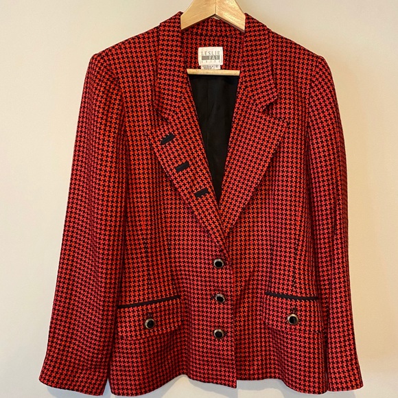 Vintage red houndstooth blazer, boyfriend blazer, plaid blazer - Picture 2 of 7